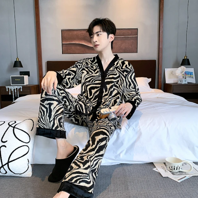 【男款斑马纹】男士超柔时尚纯色睡衣秋冬新款长袖时尚简约家居服