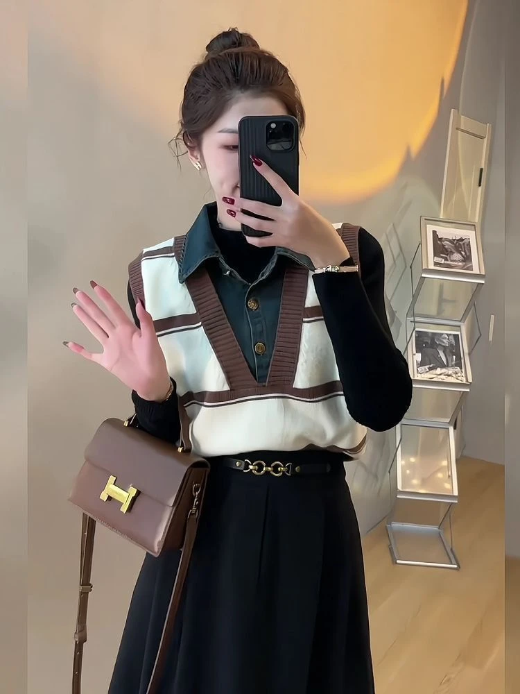 2023新款别致针织漂亮小衫设计感假两件百搭外穿拼接牛仔宽松上衣