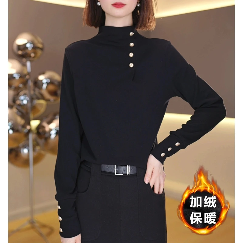 冬季新款加绒保暖打底衫女气质设计感上有时尚百搭长袖T恤