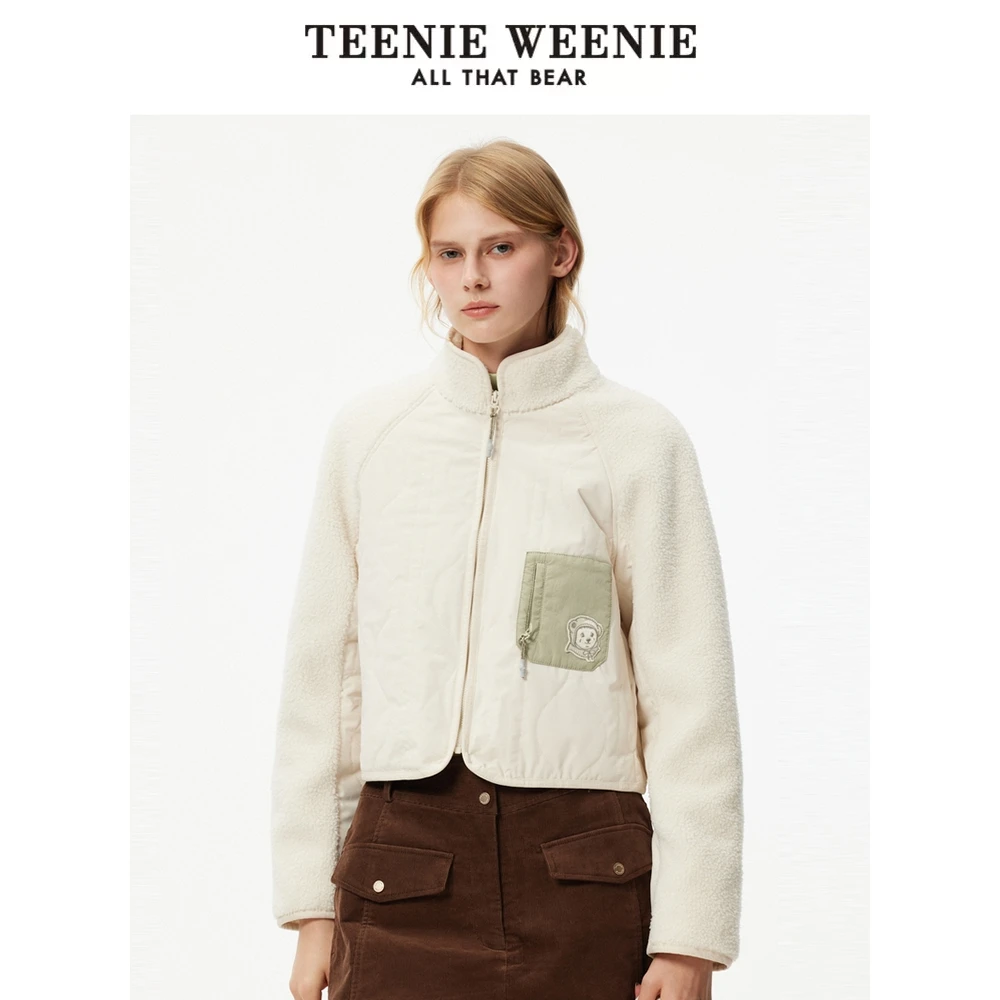 TeenieWeenie小熊2024冬季新款白色立领拼接时髦女装TTJP244V13T