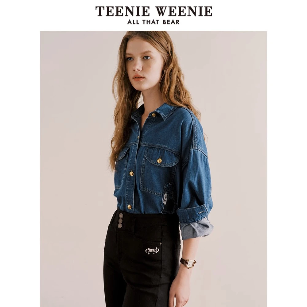 TeenieWeenie小熊2023新款丹宁风牛仔衬衫外套女衬衣TTYP237802I