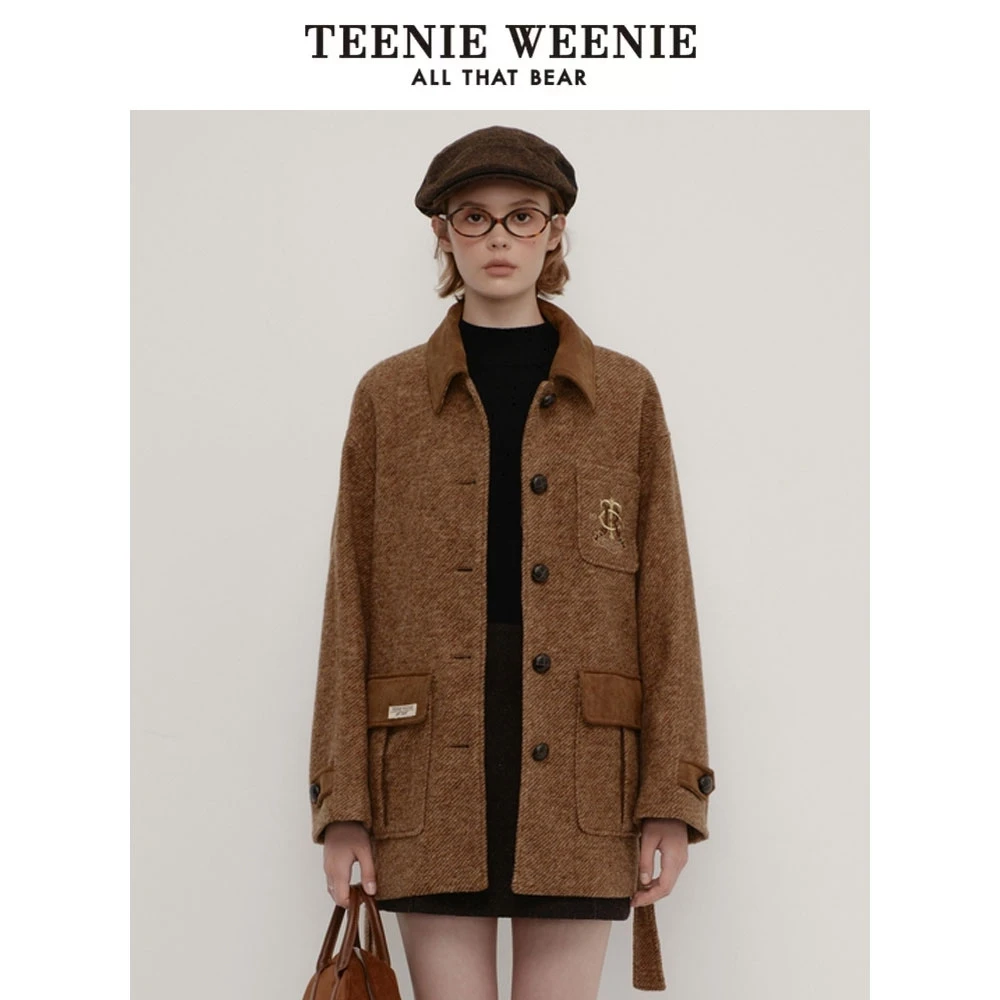 TeenieWeenie小熊24绵羊毛混纺翻领雅丹风毛呢大衣女TTJW248906N