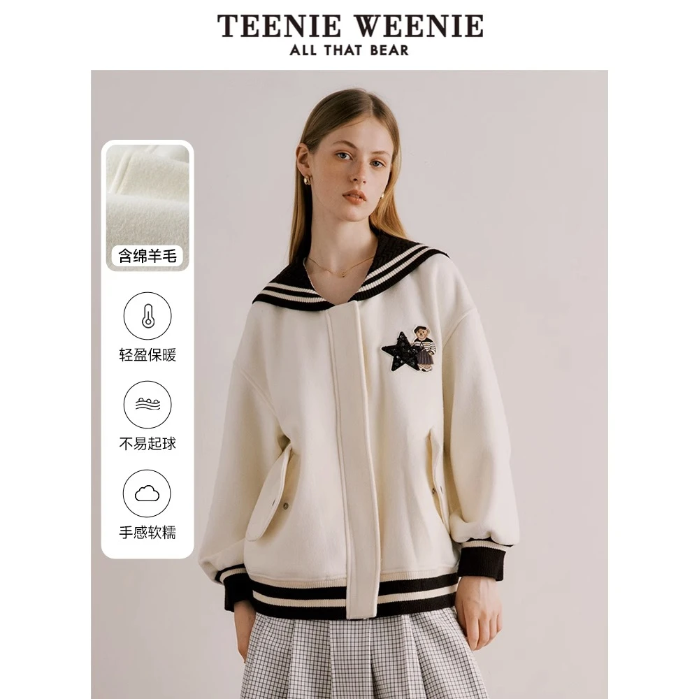 TeenieWeenie小熊23年绵羊毛毛呢大衣棒球服海军领TTJW238901N