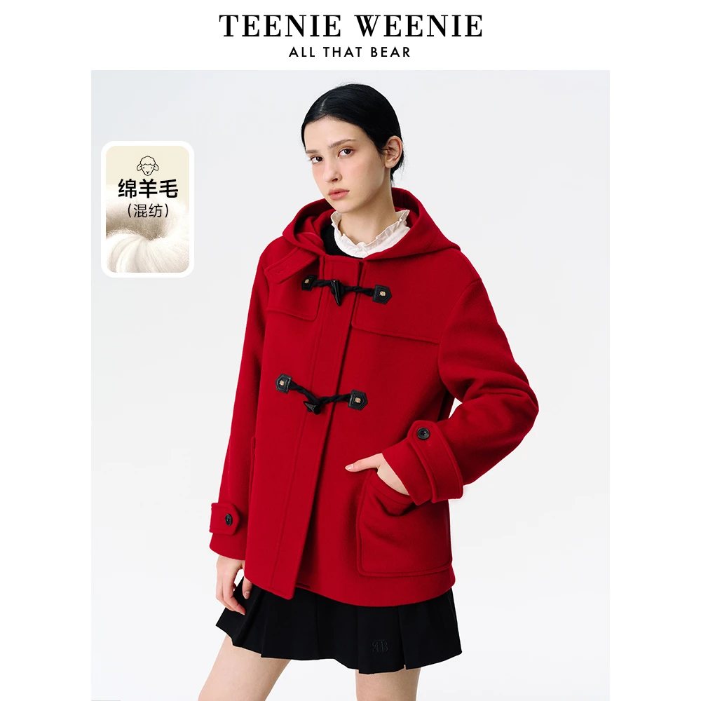 TeenieWeenie小熊24新款时尚氛围感红色连帽毛呢大衣TTJW244C01P