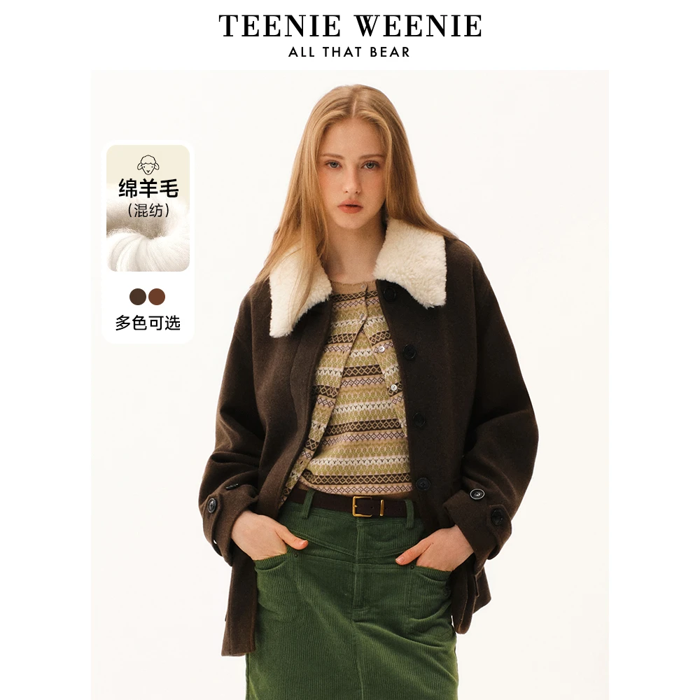 TeenieWeenie小熊撞色毛呢大衣女24冬季女呢外套女TTJW248V22N