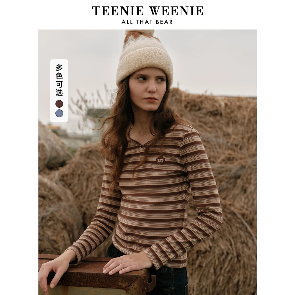 TeenieWeenie小熊字母条纹长袖T恤女24冬季新款女t恤TTLA248V22N