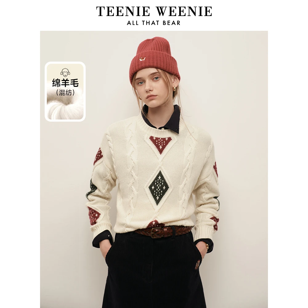 *TeenieWeenie>小熊24学院绞花毛衣撞色嵌花上衣女装TTKW248T31N