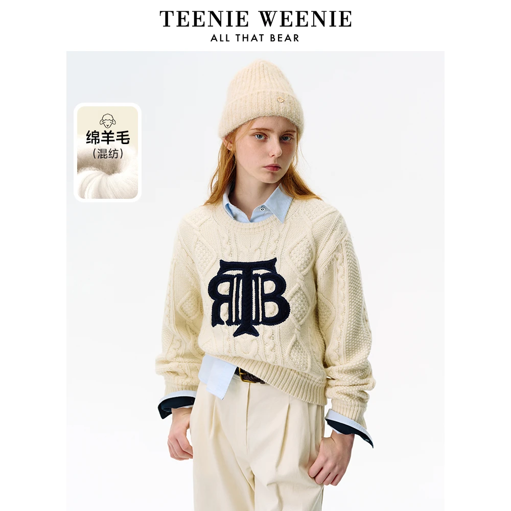 TeenieWeenie小熊24冬新款圆领复古绞花休闲针织毛衣TTKW244C05P