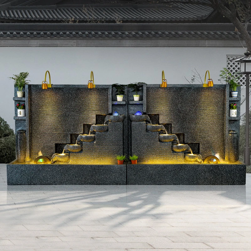 大型水幕墙流水屏风假山喷泉摆件客厅庭院别墅会所装饰循环水景观