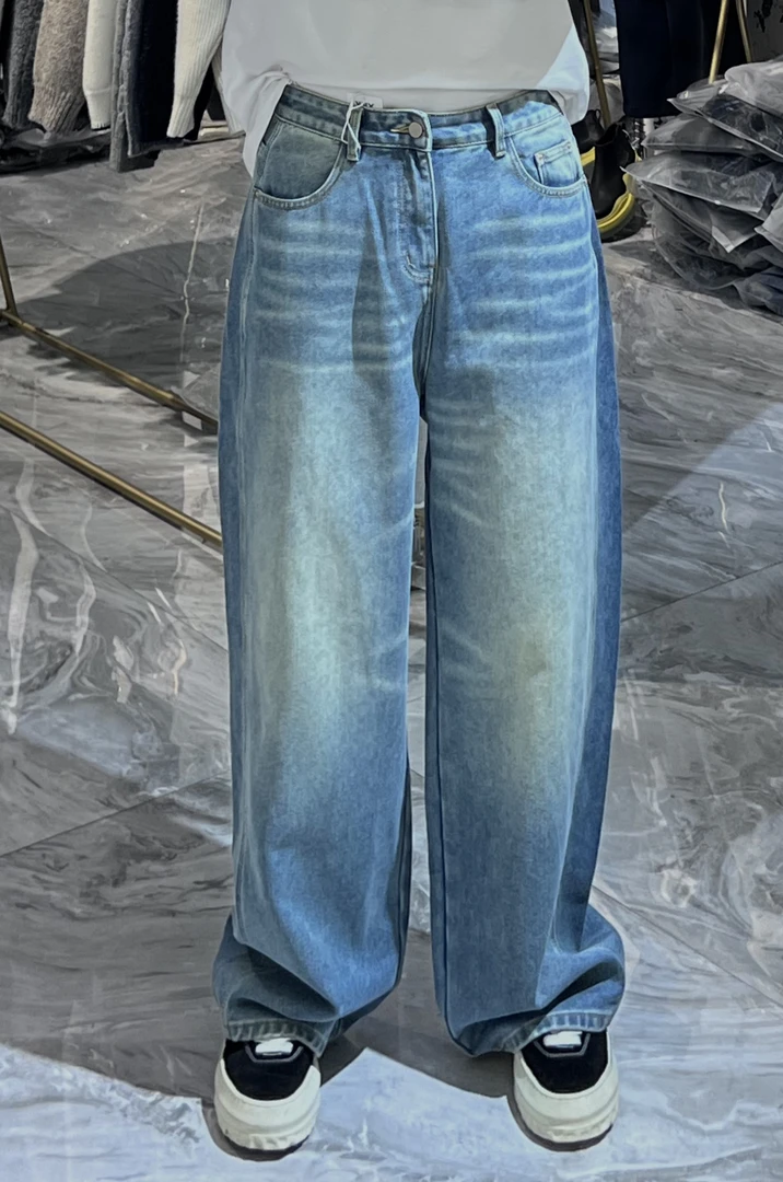 HH- YAPI 24冬 巴家复古洗水做旧拉毛加厚牛仔裤宽松阔版直筒