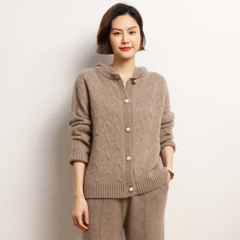 羊绒开衫女时尚百搭高端轻奢厚款纯色休闲系扣圆领长袖毛衣绒衫