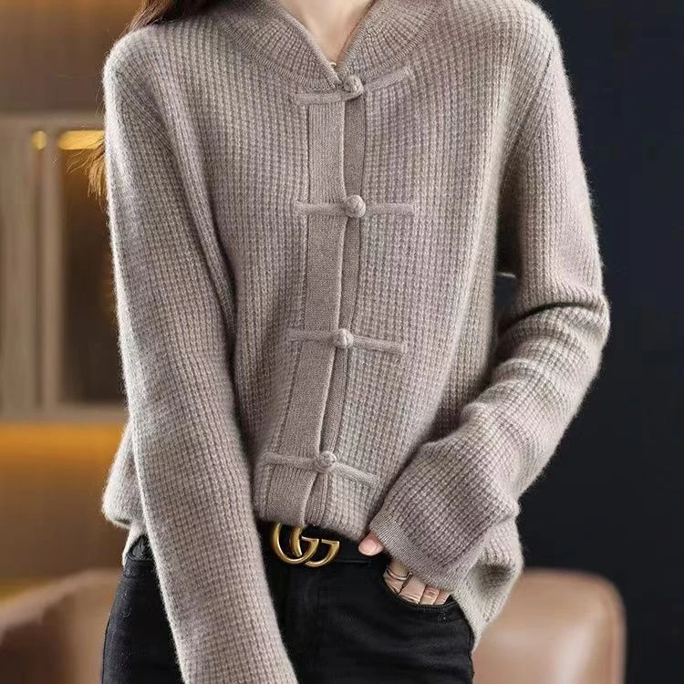 复古盘扣羊毛衫女2022秋冬新款时尚文艺范外套针织衫圆领长袖百搭
