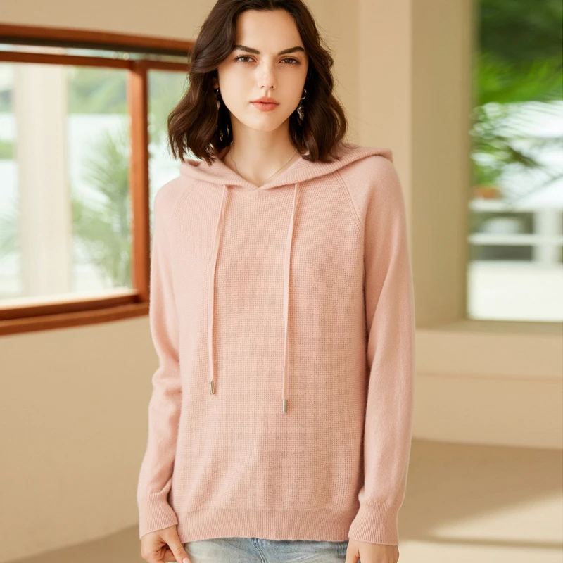 贝诺羊绒秋冬新款女款时尚百搭元宝针羊绒连帽衫