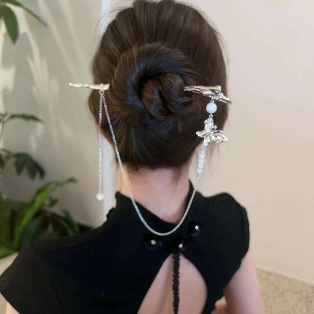 新中式链条流苏蝴蝶发簪高级感设计时尚现代簪子