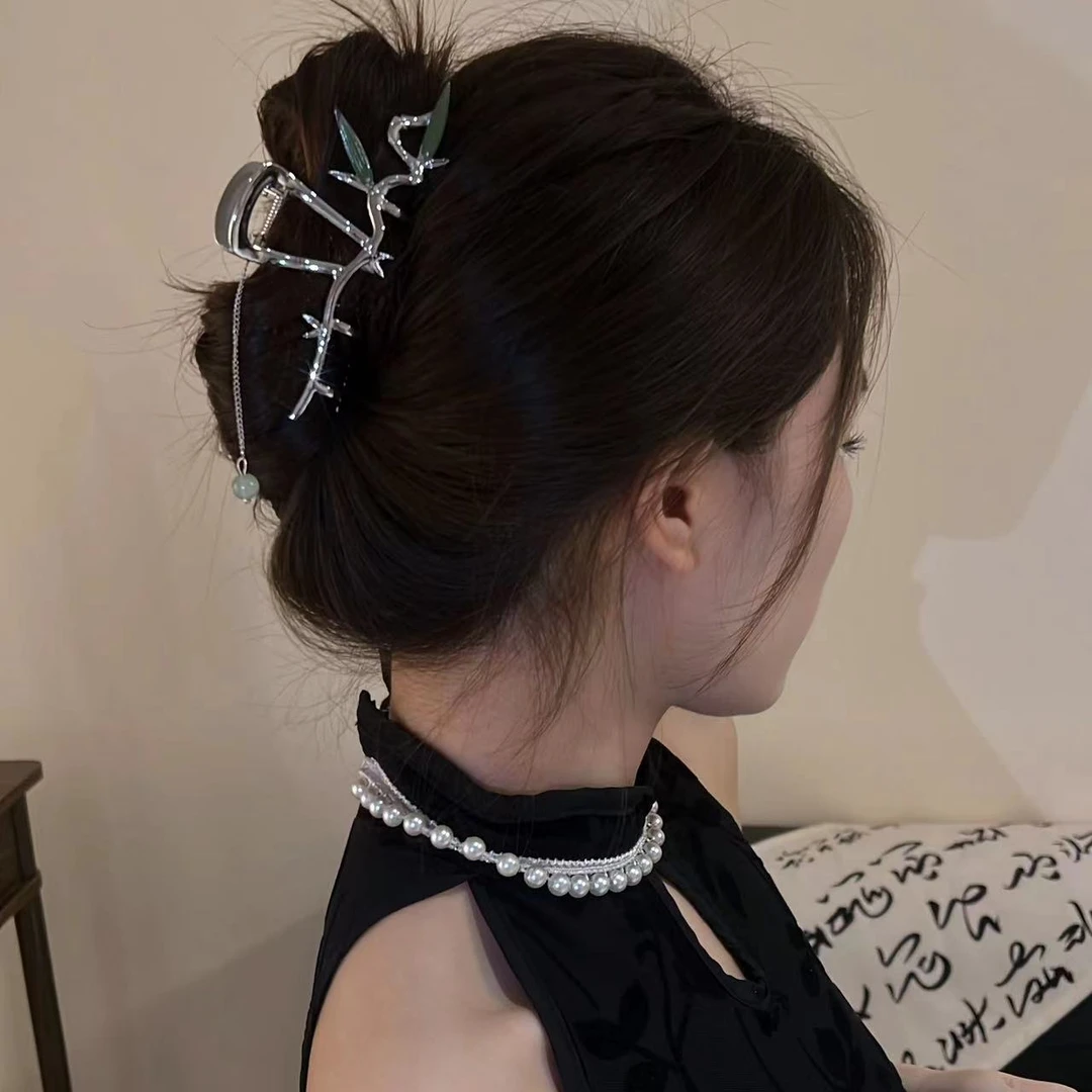 新中式竹叶青丝流苏抓夹鲨鱼夹高级感小众国风盘发夹子发夹头饰