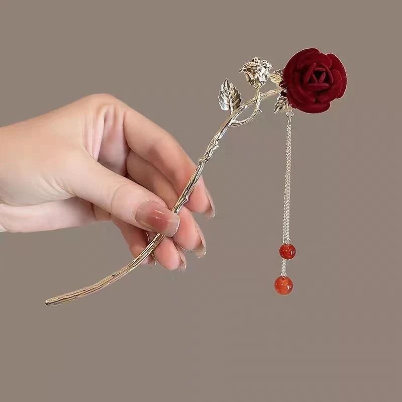 国风红色女士发簪盘发日常款中式发簪子气质设计感发饰