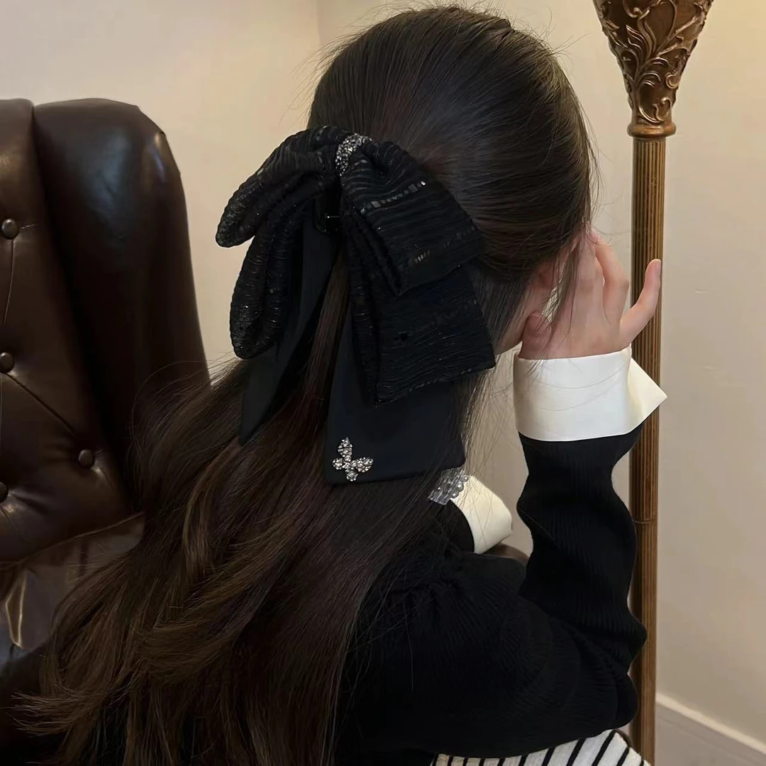 法式慵懒丝绒发卡抓夹女新款蝴蝶结头饰黑色高级感发饰后脑勺ins