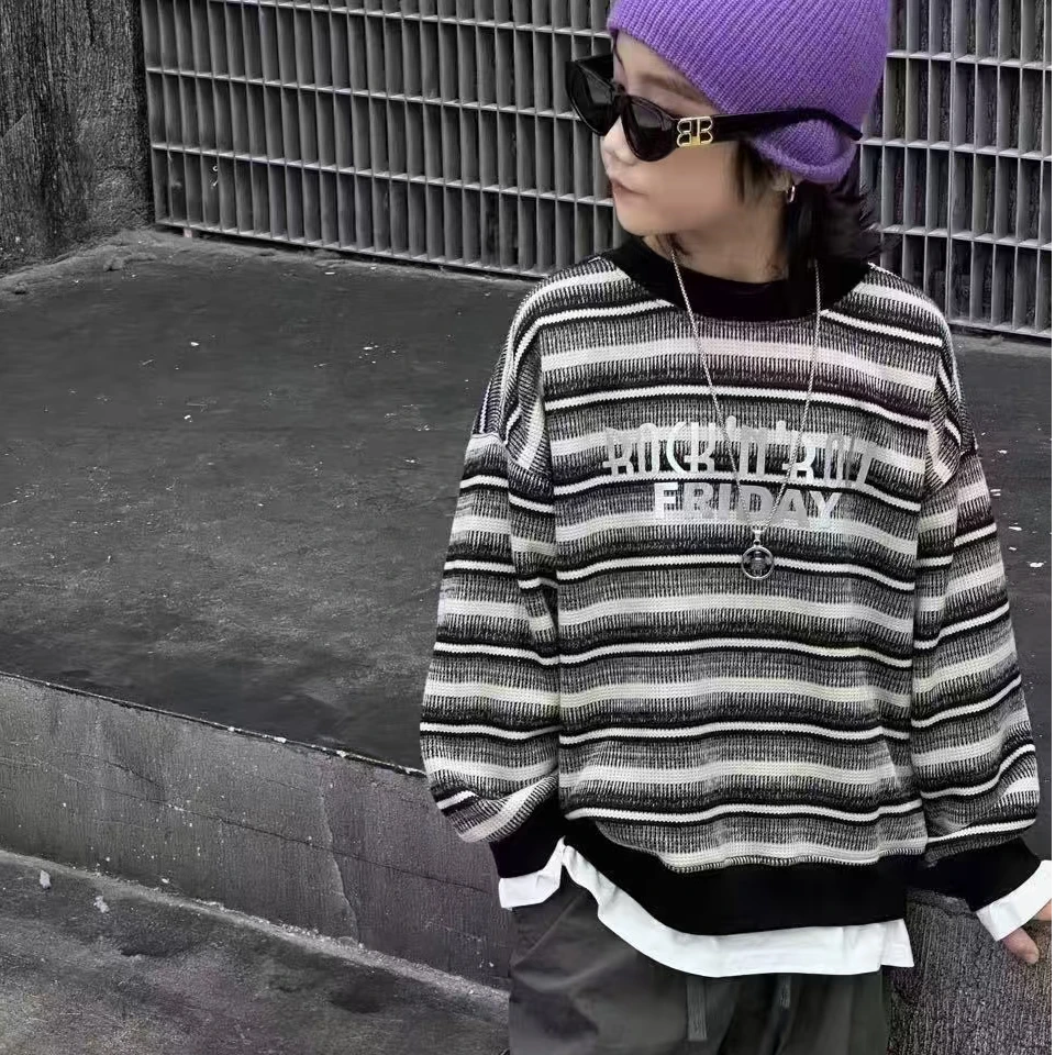 针织一体绒条纹卫衣潮流帅酷休闲宽松秋季