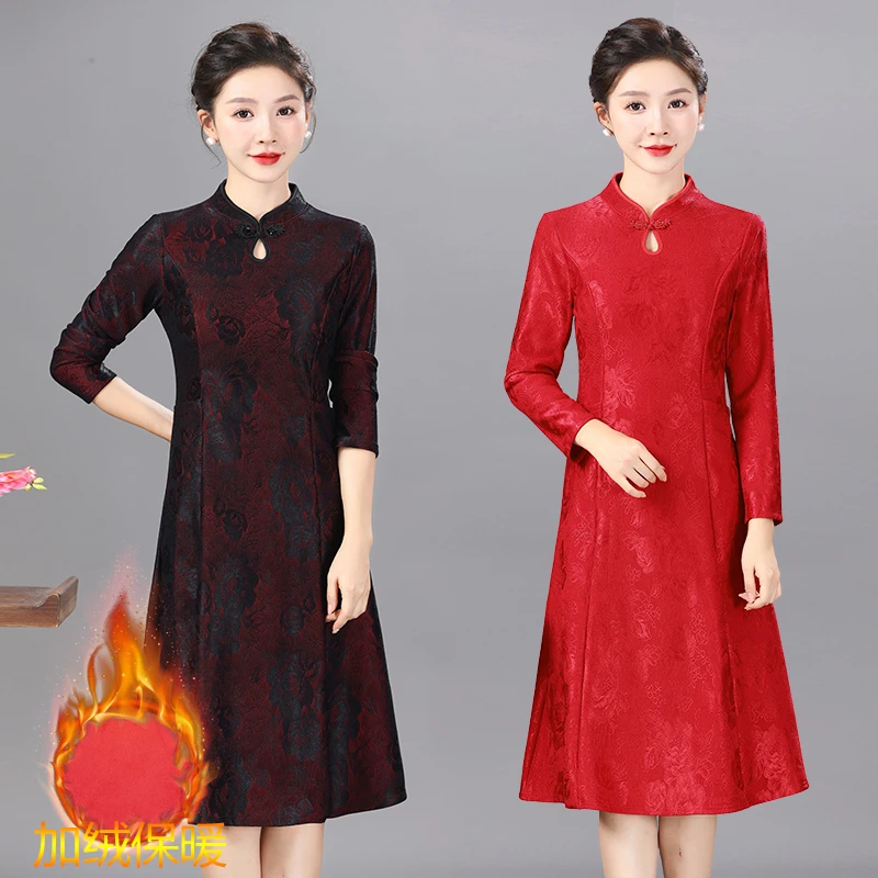 中年女国风复古长袖连衣裙加绒加厚长裙喜妈妈清冷系禅意衣服女