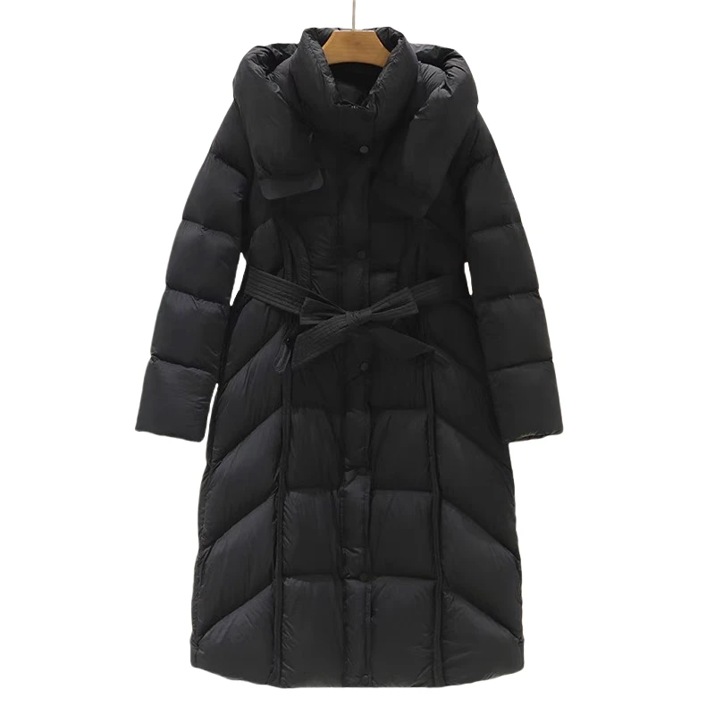 越月越XY246806时尚高端休闲女士羽绒服中长款收腰连帽秋冬保暖