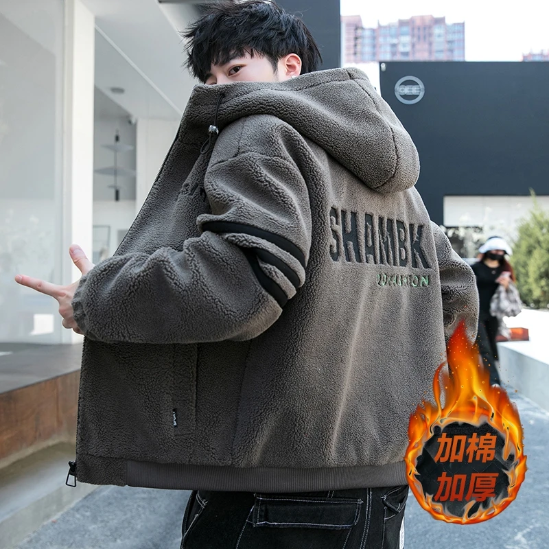 青少年潮牌秋冬新款羊羔绒加厚保暖外套男时尚简约帅气棉服夹克