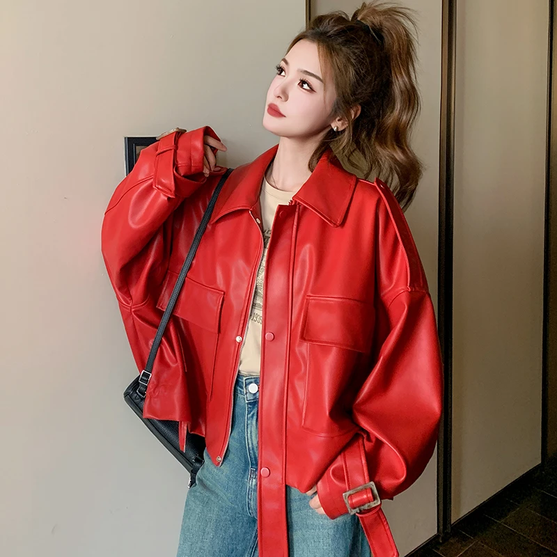 红色PU皮衣外套女2024年秋新款高级感复古洋气小个子时尚机车夹克