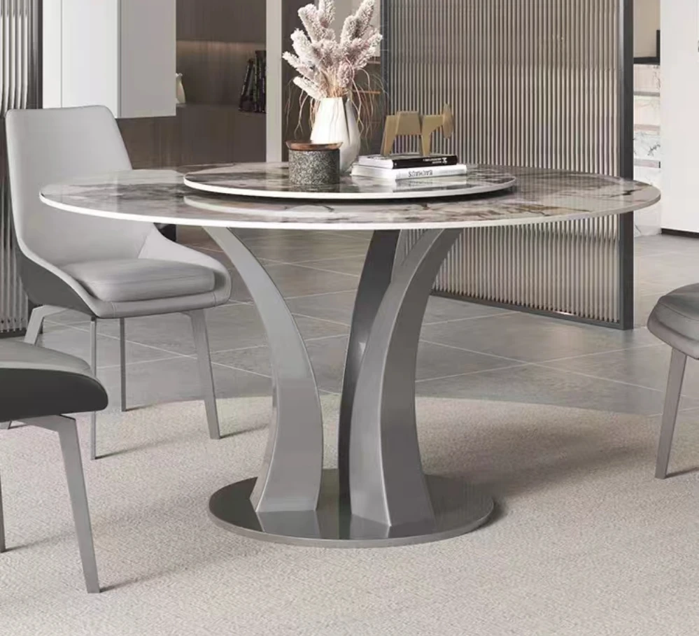 幸福树桌腿天然大理石超晶石餐桌轻奢松弛感圆形小户型家用餐桌椅