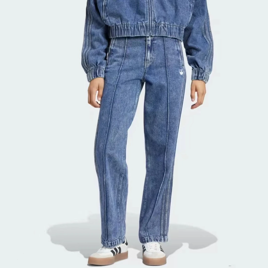 Adidas三叶草条纹运动休闲直筒牛仔裤蓝色黑色长裤IW5758 IY7407