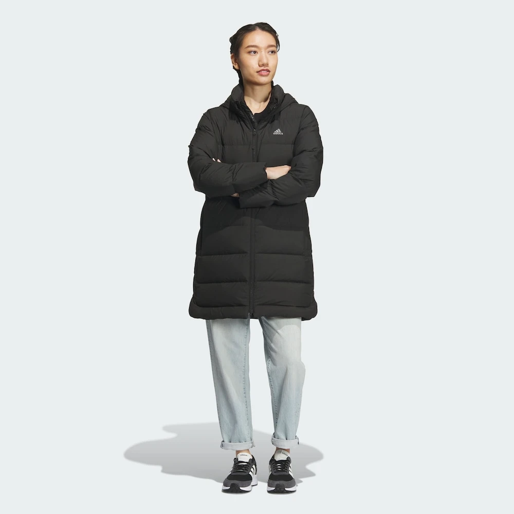 adidas阿迪达斯女子保暖中长款黑色连帽防寒运动休闲羽绒服IL8938