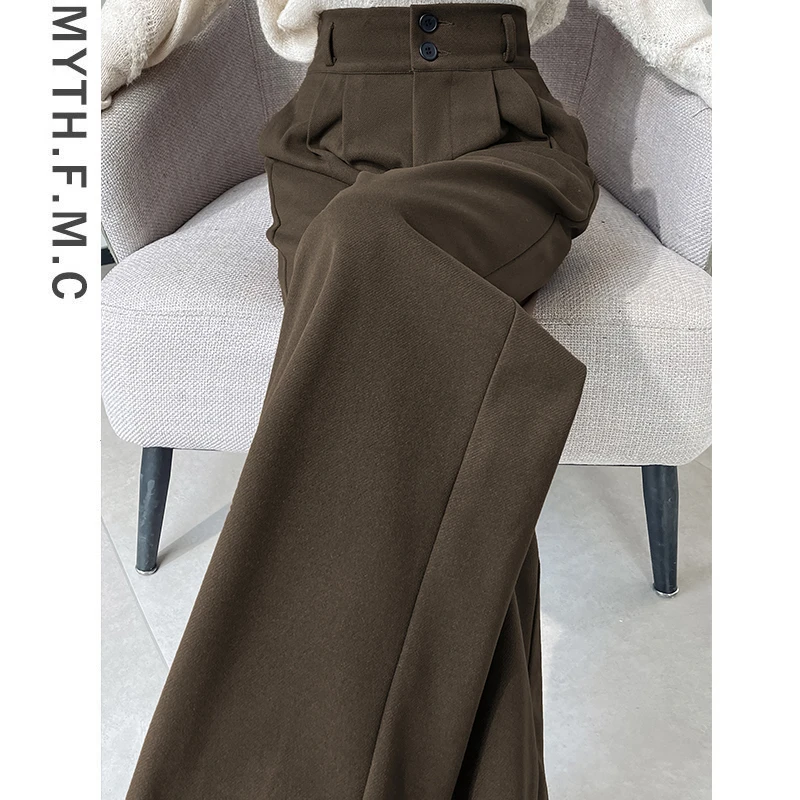 咖啡色高级感毛呢西装裤子女秋冬2024新款高腰直筒窄版垂感阔腿裤