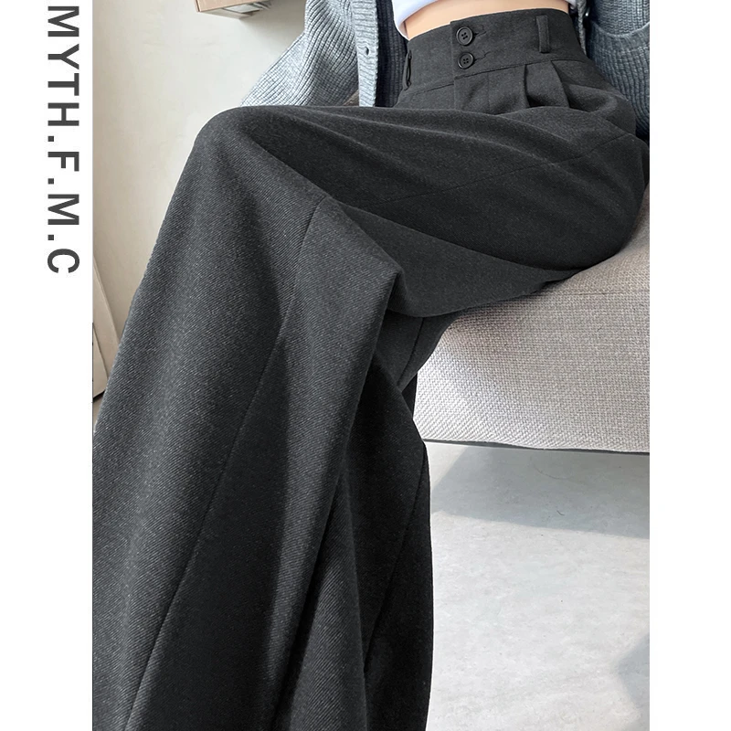 灰色高级感毛呢西装裤子女秋冬季2024新款高腰宽松直筒窄版阔腿裤