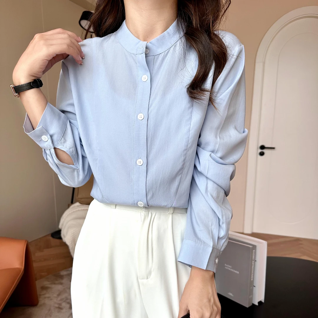 春季新款休闲简约莱赛尔衬衣开衫长袖宽松纯色立领天丝衬衫女