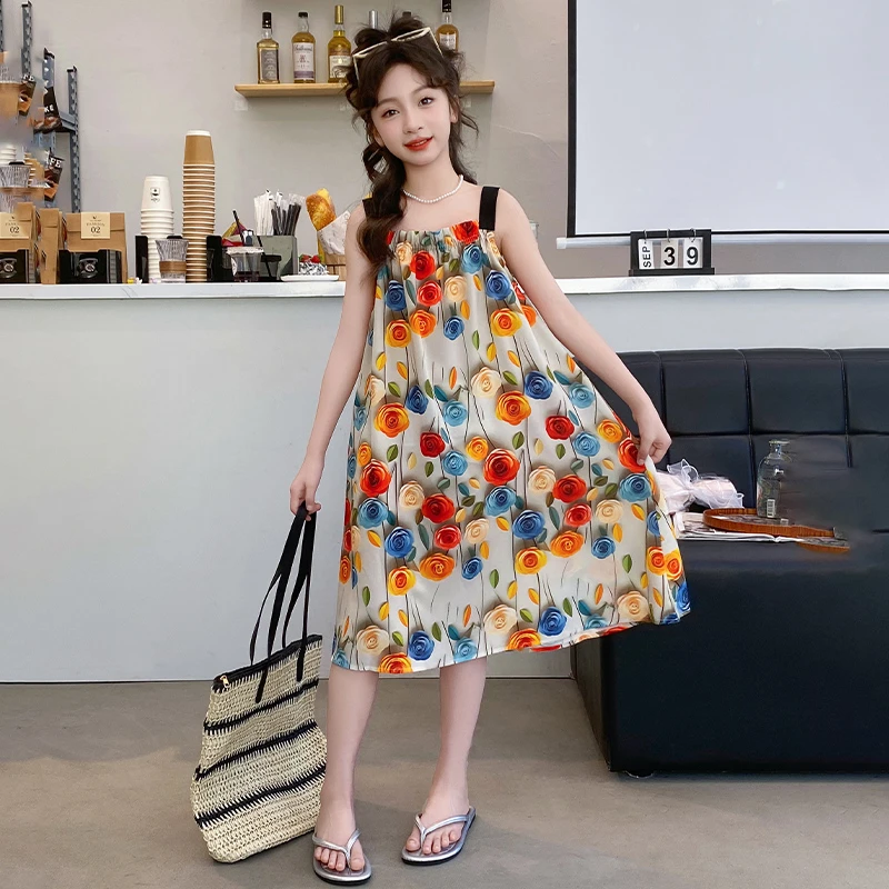 女童连衣裙夏季2024新款儿童印花吊带裙女大童夏装雪纺碎花公主裙