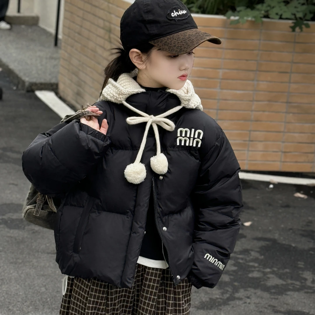 女童白鸭绒羽绒服外套2024新款冬装女孩加厚90绒毛线帽短款面包服