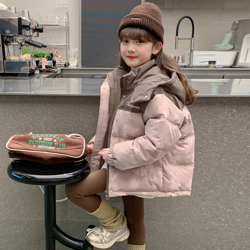 女童冬装棉袄外套2024新款儿童女孩冬季棉衣加厚连帽拼色保暖棉服