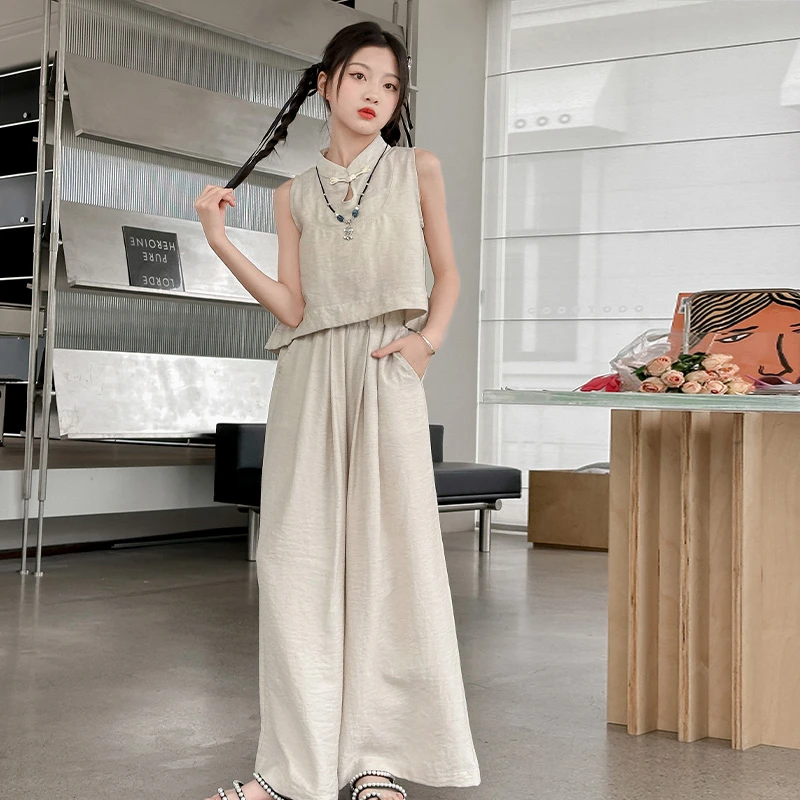 女童背心套装夏季2024爆款新中式国风阔腿裤两件套中大童气质潮流