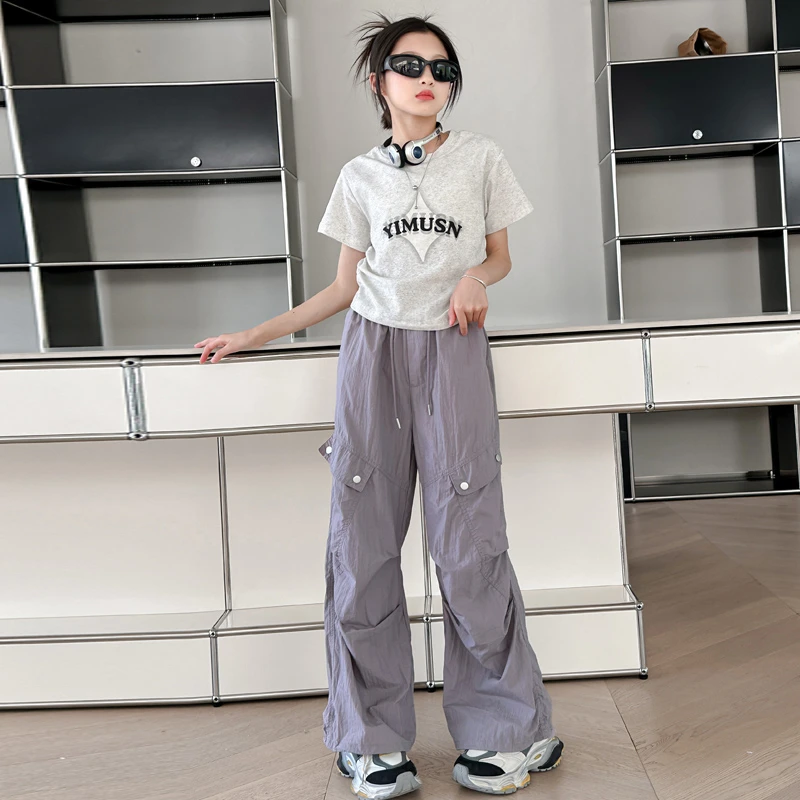 女童夏装短袖韩版两件套大童装新款2024儿童洋气上衣休闲工装裤薄