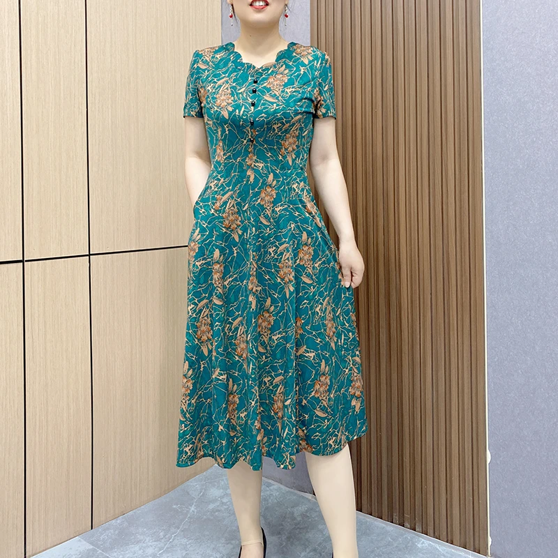 妈妈装短袖爆款连衣裙2023新款裙子中老年女收腰遮肚显瘦中长裙