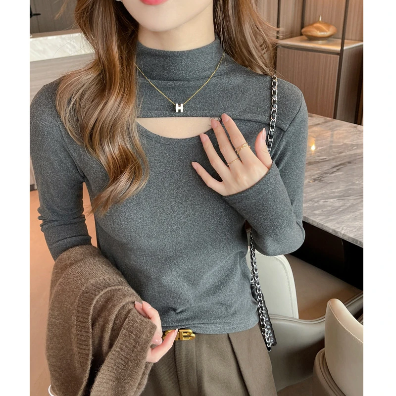 2024秋冬季新款半高领镂空设计感内搭打底衫女可外穿长袖修身t恤