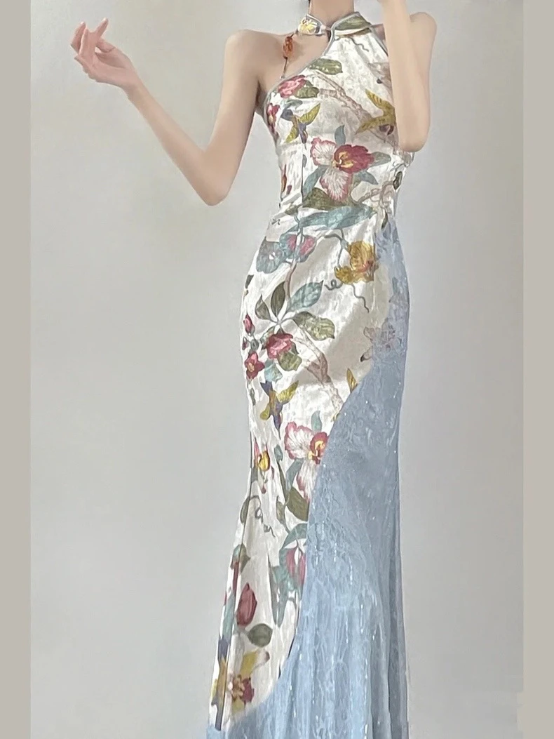 临窗小楼后院春古画配色挂脖旗袍连衣裙春夏