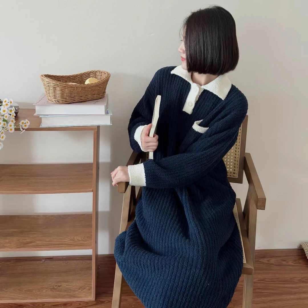 半边绒坑条居家服连衣裙显瘦保暖·DN-C050