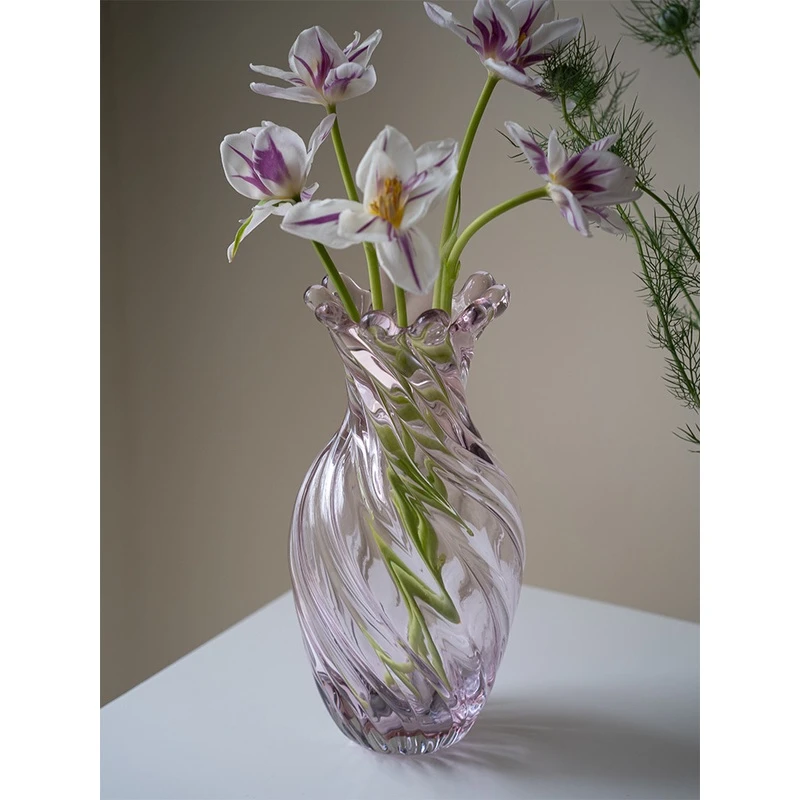 粉色透明玻璃花瓶简约厚实家居水养鲜花插花手工艺术花器