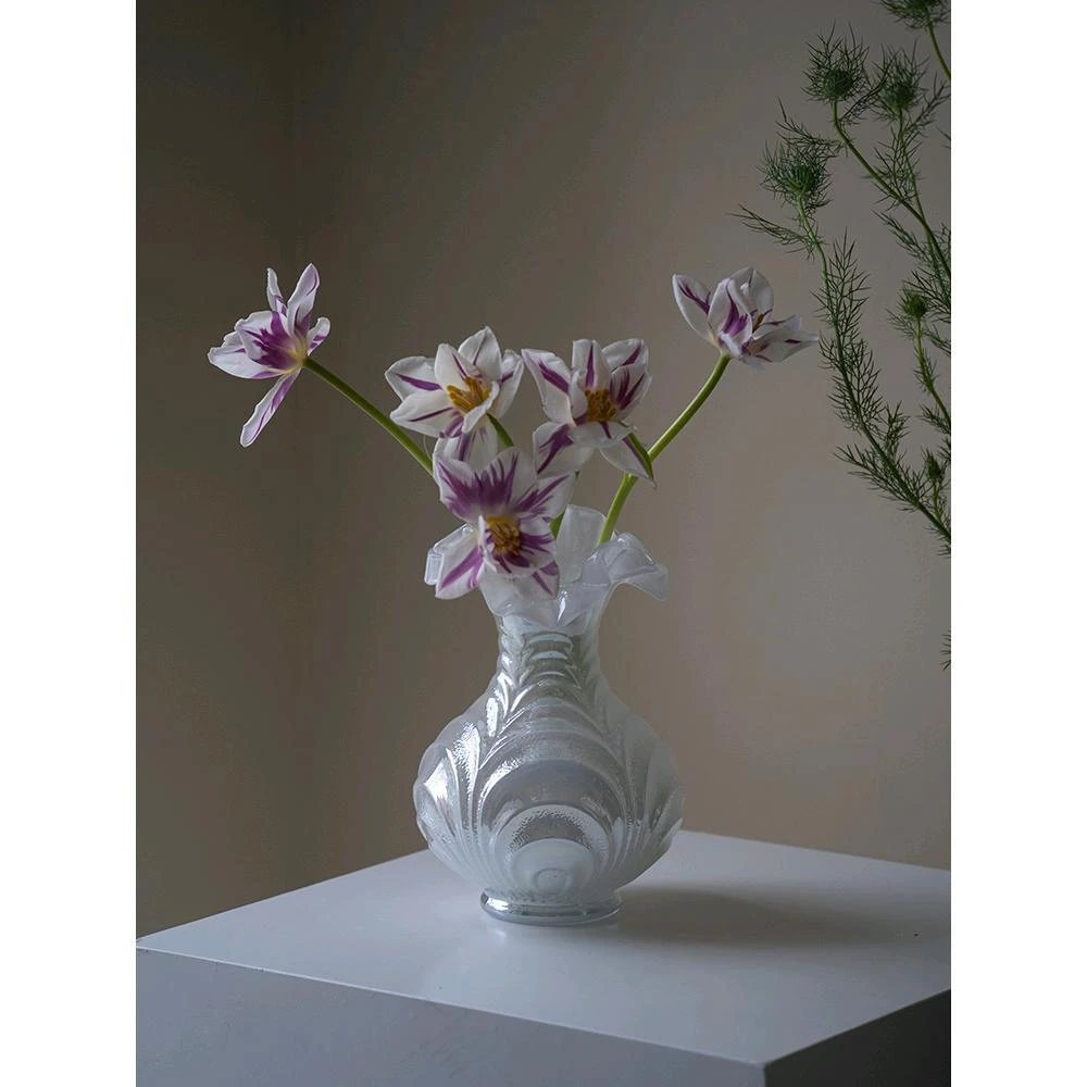 法式复古玻璃花瓶精致家居桌面装饰摆件珠光白色插花器人工制作