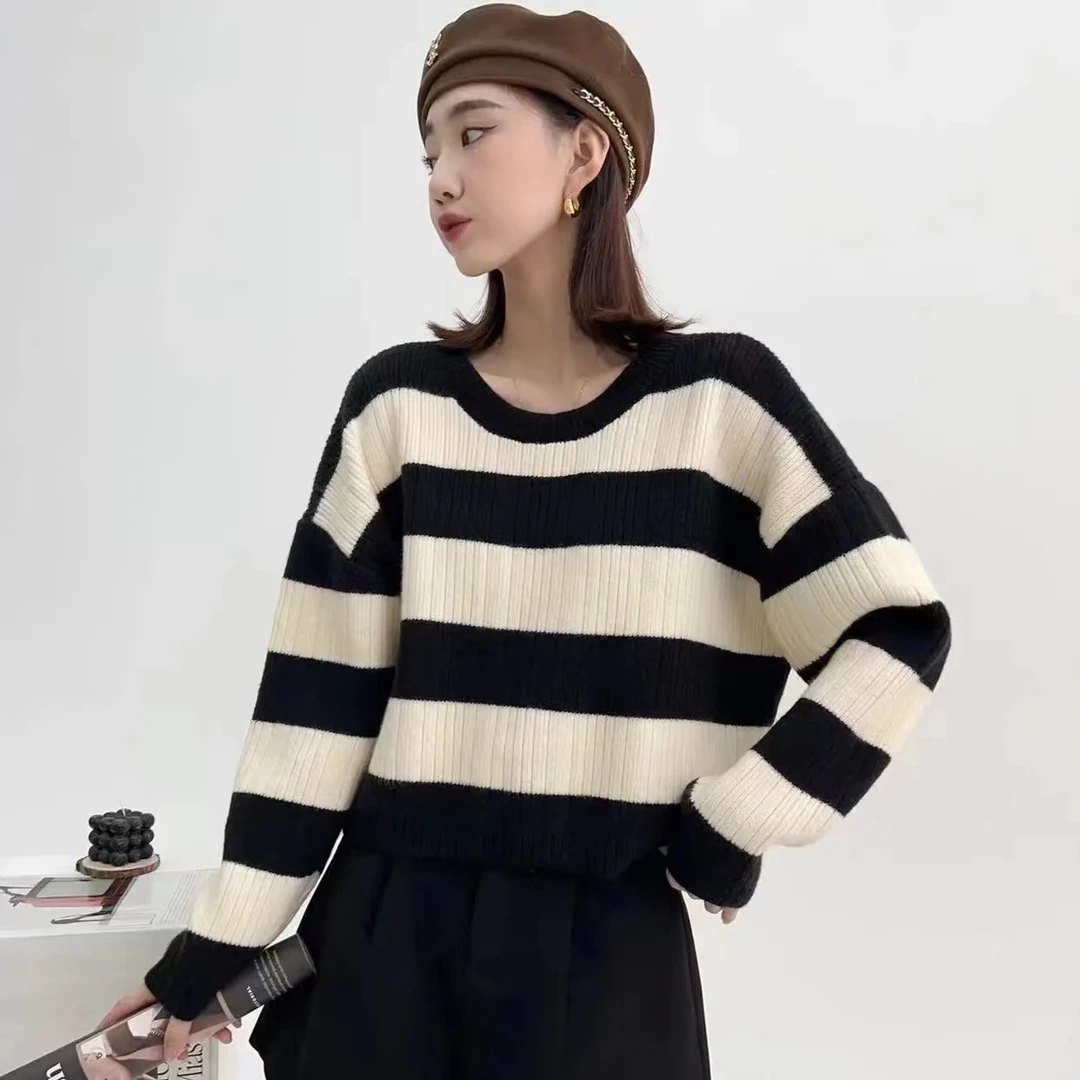 7437条纹秋冬休闲毛衣针织衫早秋女装爆款洋气打底小众短款上衣女