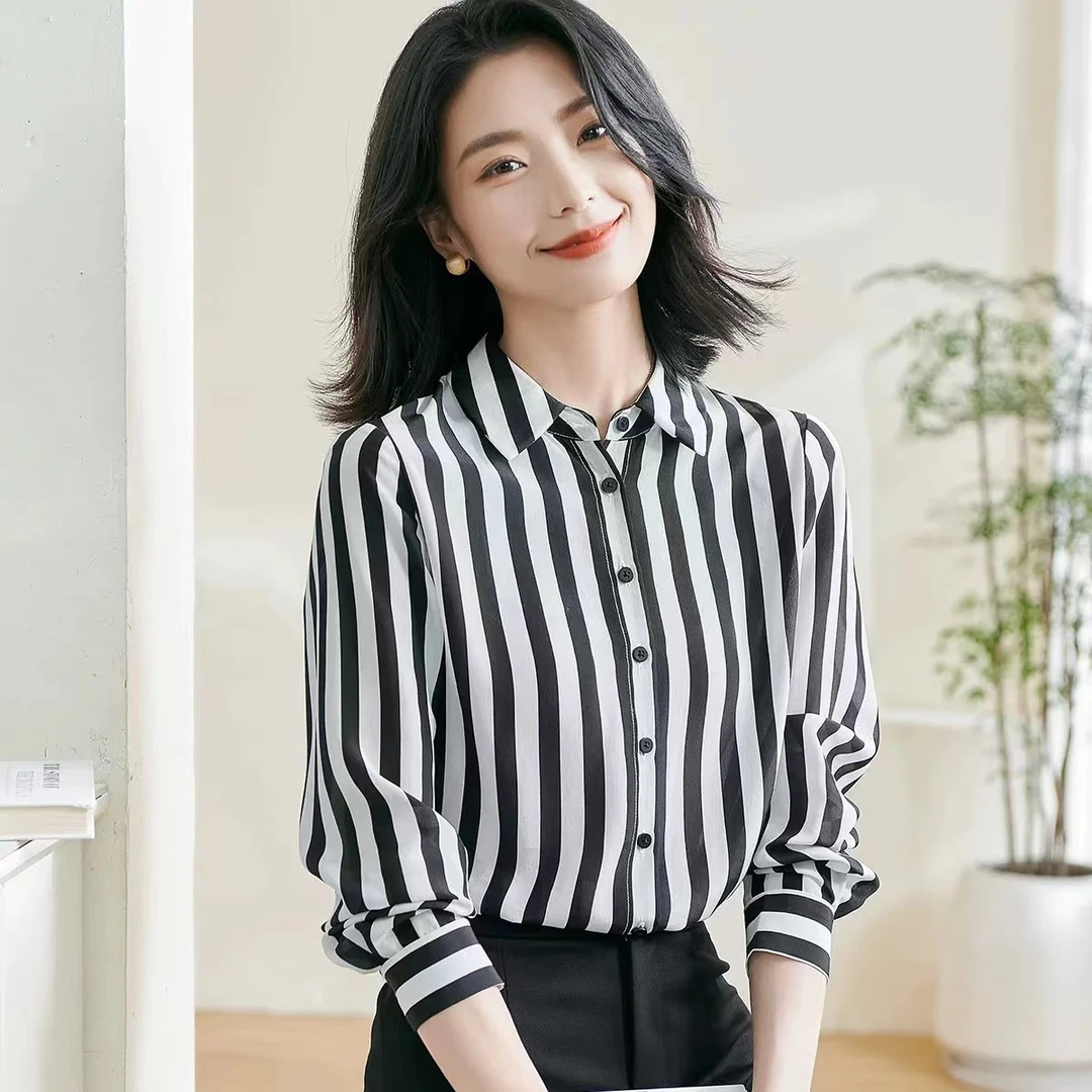 【301-321】条纹波点款长袖时尚休闲宽松百搭桑蚕丝设计感衬衫