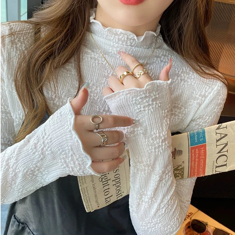 蕾丝内搭打底衫长袖T恤女秋冬轻熟法式木耳边半高领上衣