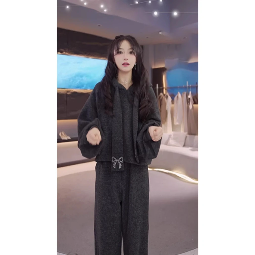 秋冬一整套时尚气质减龄休闲套装女高级感连帽卫衣阔腿裤两件套潮