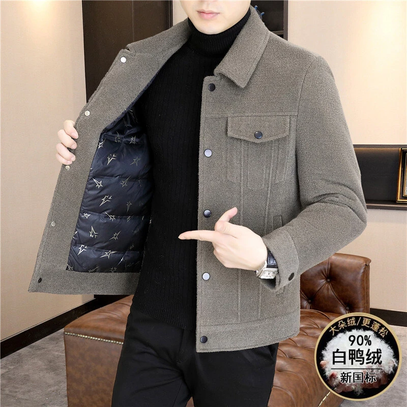 佐梵森【90白鸭绒】冬季羽绒服男韩版翻领条纹短款外套保暖毛呢夹克