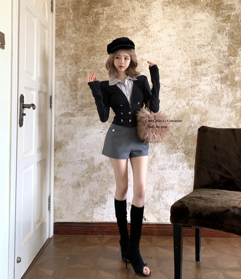 学院风辣妹高质假两件设计感拼接上衣百搭西装裤显瘦短裤2024年秋