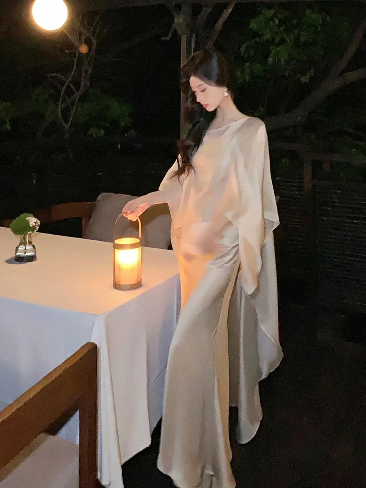度假风法式一字肩礼服长裙高端精致香槟色缎面无袖吊带连衣裙罩衫